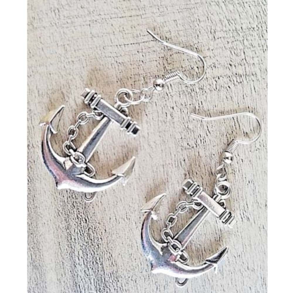 Silver Nautical Dangle Earrings Anchor Sailing Beach Cruise wear *